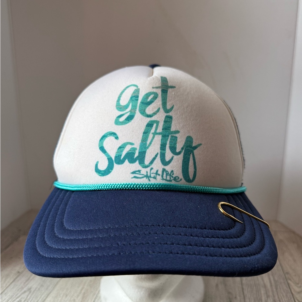Salt Life Fishing Hat Cap Snapback Get Salty White Blue Mesh Back Trucker W/Hook